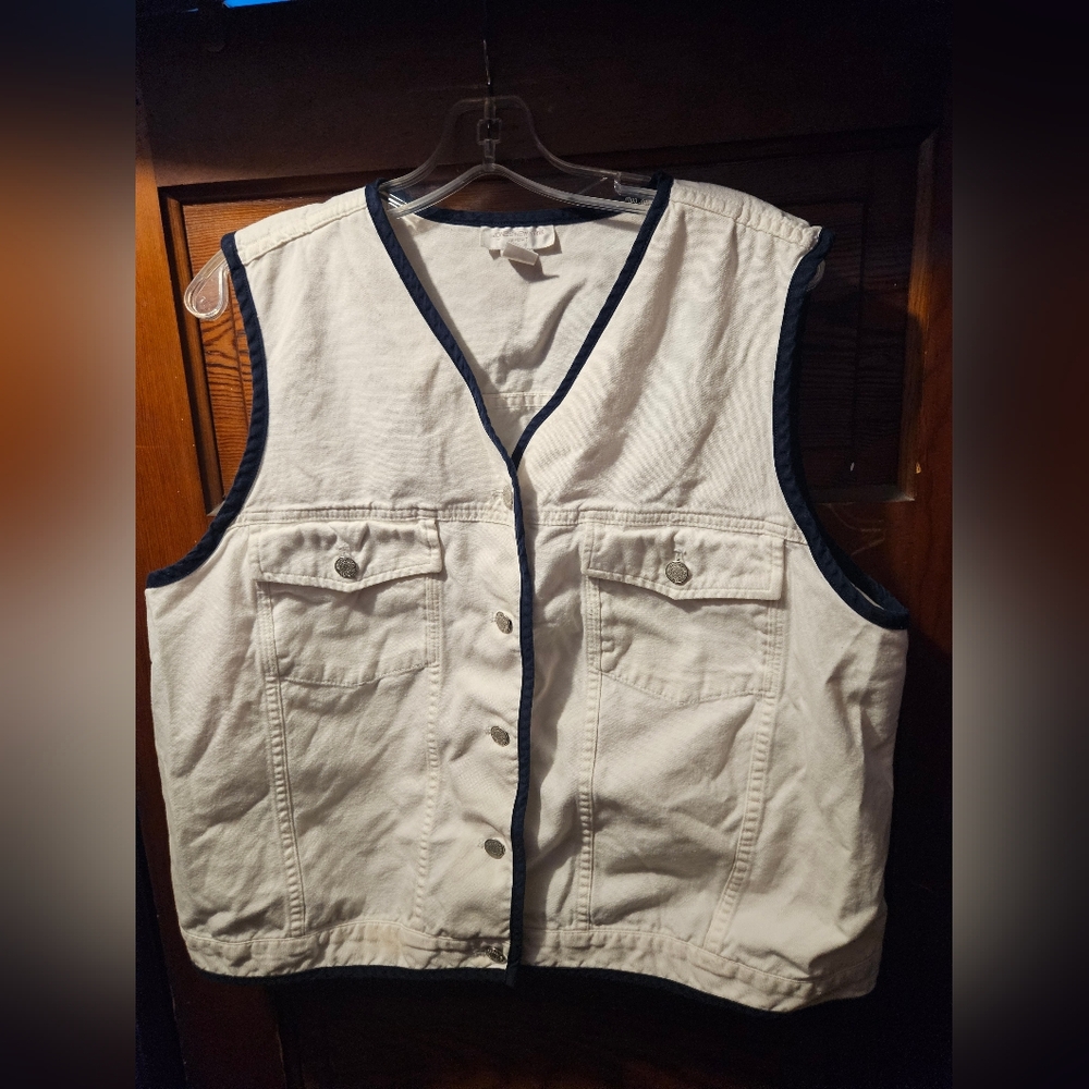 Vtg Y2K Nautical White Cotton Vest with Navy Trim